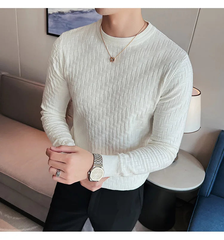 2025 Stretchable Jacquard Woven Winter Crew Neck Sweater Men's Slim Fit Pullover Knitwear Blue, Fashionable Check Pattern