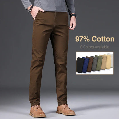 97% Cotton Men's Casual Pants Autumn Fashion Comfortable Elastic Slim Straight Business Trousers Black ArmyGreen Khaki