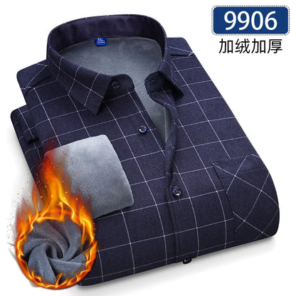 New 5XL men's shirt autumn and winter plus fleece thickened warm long sleeve non-ironing plaid business casual slim-fit fashion