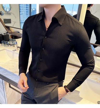 Autumn Solid Color Waffle Shirt Men Slim Fit V Neck Long Sleeve Casual Business Formal Dress Shirts Social Party Streetwear 4XL