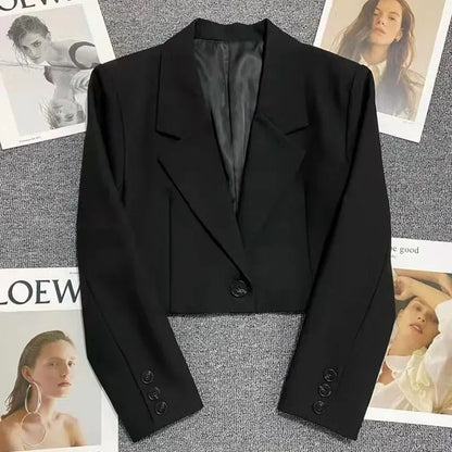 Black Cropped Blazers Woman Trend 2025 New All-match Notched Collar Crop Jacket Women Korean Chic Single Button Suit Coat