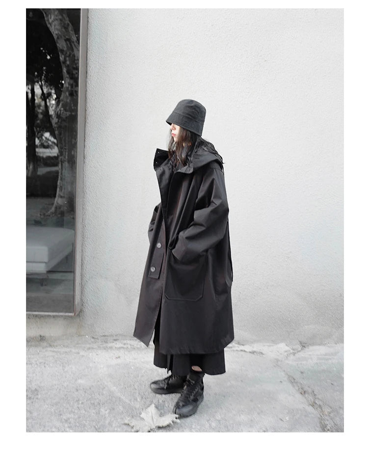 Lautaro Spring Autumn Long Oversized Black Trench Coat with Hood  Dark Academia Aesthetic Luxury Designer Clothes for Women 2022