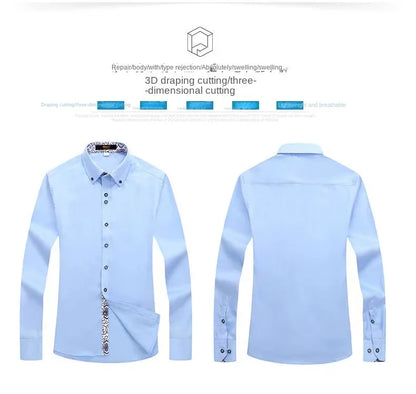 Blue-and-white Porcelain Collar Shirt Men Long Sleeve Korean SlimFit Casual Business Dress Shirts Solid Color White Shirt Cotton