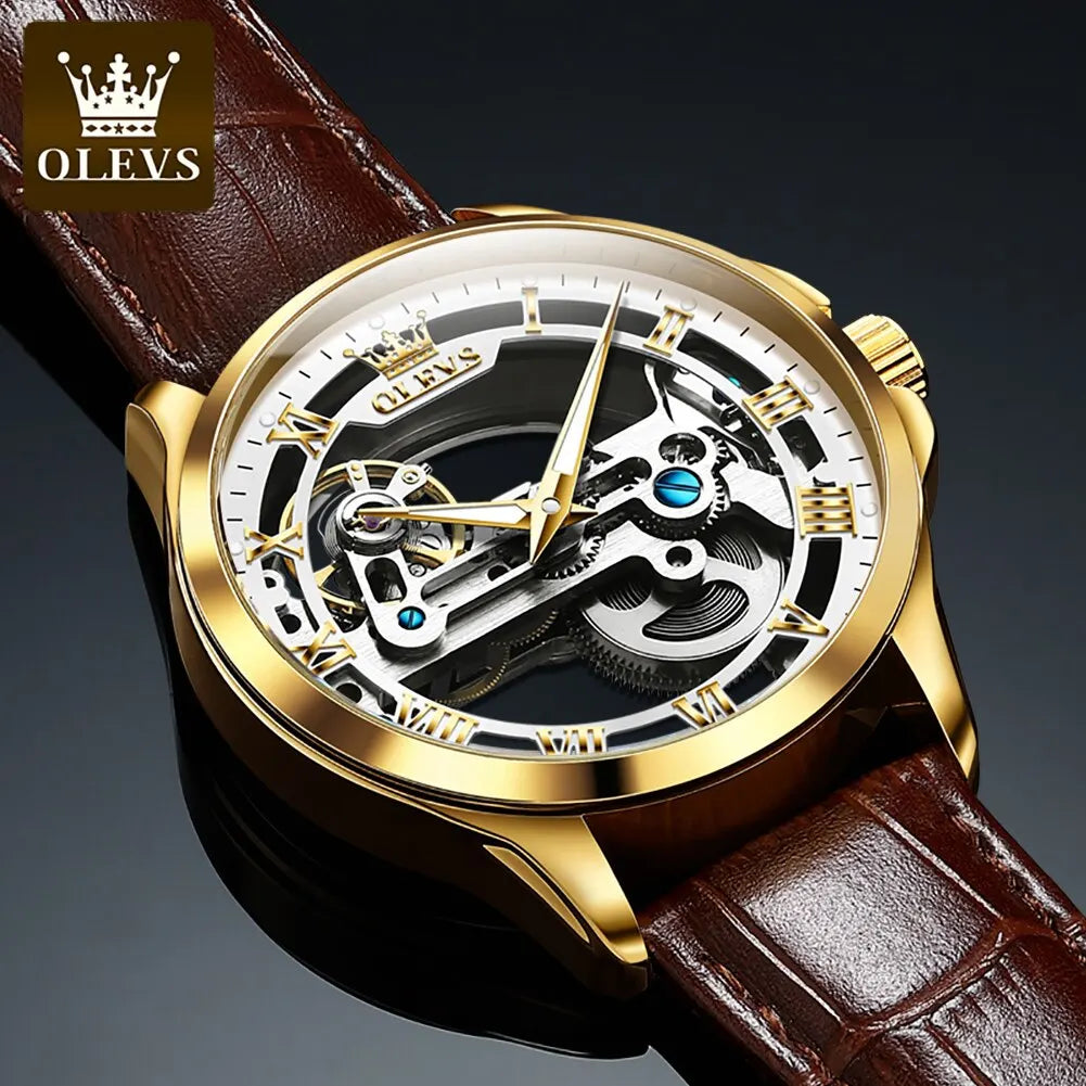 OLEVS Luxury Men Watches Automatic Mechanical Wristwatch Skeleton Design Waterproof Leather Strap Male Watch Reloj Hombre