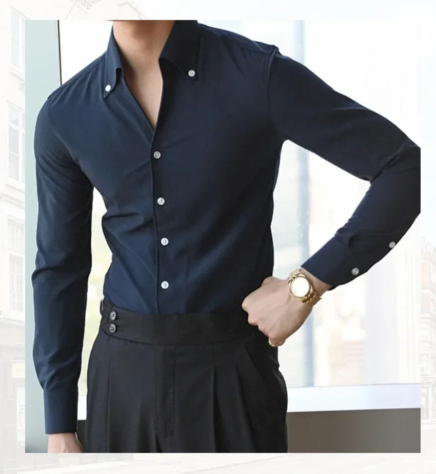 Men's Italian Collar Shirt, Wrinkle-free, Casual, Fashionable, Slim-fit with A Lapel Design, Branded Clothing, Youth, New