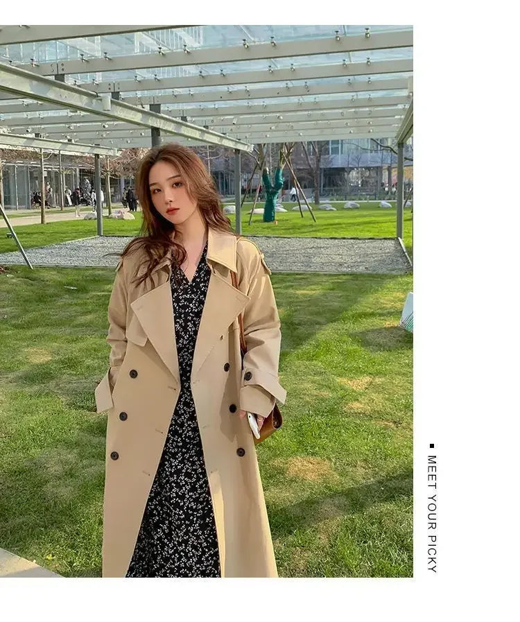 Streetwear Loose Trench Coat Midi Length Fashion Korean Elegant Khaki Black Women's Windbreaker Coat Casual Double Breasted Tops