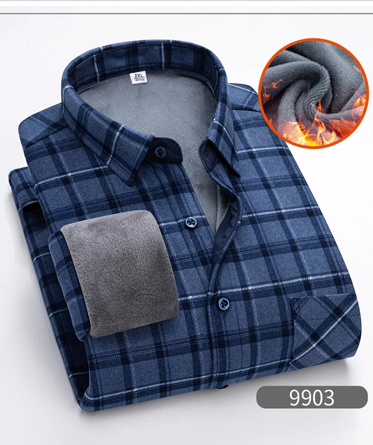 Autumn Winter Thicken Fleece Shirt Men Business Plaid Shirt Long Sleeve Warm Clothes Turn Down Collar Button Up Shirts Classic