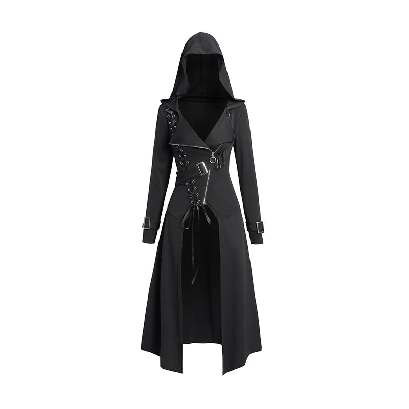 Women's Trench Coat Punk Gothic Hooded Coat Plain Color Lace Up Zip Coat Long Sleeve Fall Winter Longline Outwear пальто женское