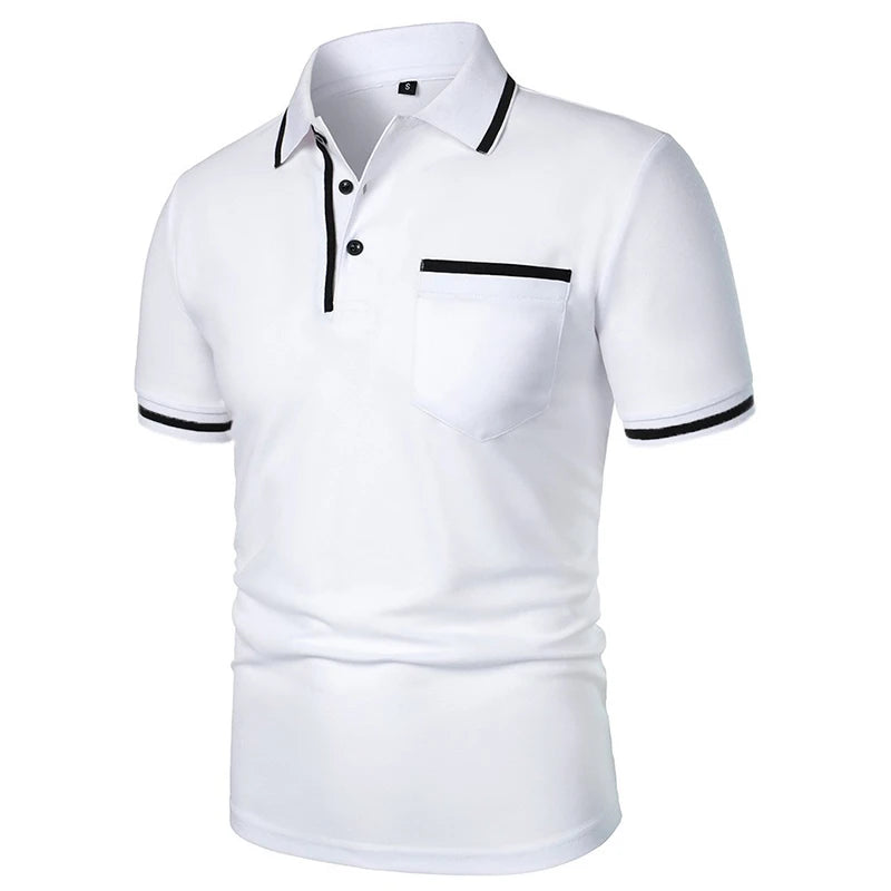 New Men's Short Sleeve Polo Shirts Solid Color Casual T-shirt Summer Trendy Breathable Loose Basic Splice Top Pockets Men Shirts