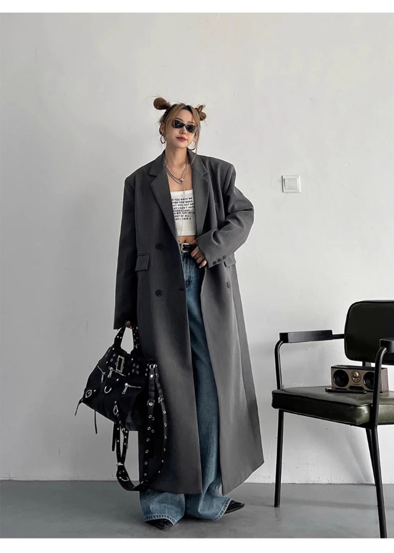 Lautaro Spring Autumn Long Grey Black Trench Coat for Women Double Breasted Loose Casual Korean Fashion Clothing Blazer 2025