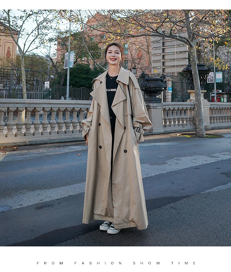 Lautaro Spring Autumn Extra Long Flowy Oversized Casual Trench Coat for Women Belt Double Breasted Loose Korean Fashion 2025