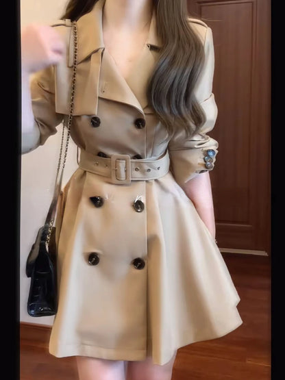 Autumn Winter Woman Korean Fashion Tops Trench Coats Elegant Khaki Turn Down Collar Long Sleeve High Waist Slim A Line Jackets