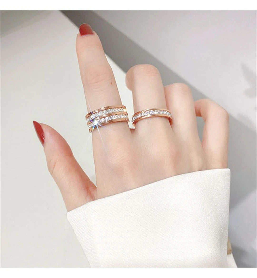 Luxury Rose Gold Double Rowed Square Zircon Stainless Steel Ring Women's Romantic Engagement Wedding Party Jewelry Women Gift