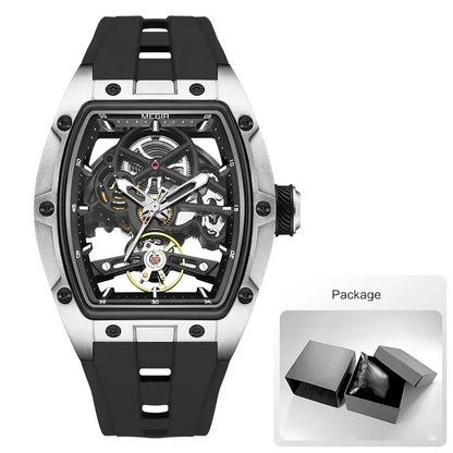 MEGIR 2242 Mechanical Watch for Men Fashion Military Sport Analog Automatic Wristwatch with White Silicone Strap Tonneau Dial