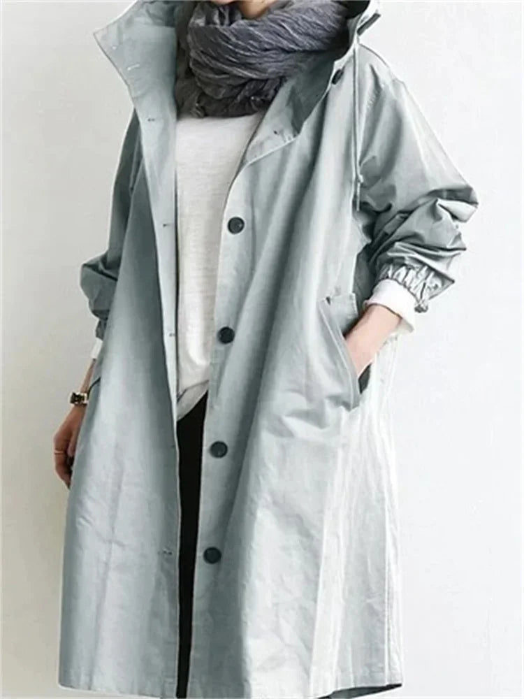 2025 Spring Autumn Casual Korean Fashion Hooded Medium Long Overcoat Loose Windproof Coat Women Trench Coat Solid Color Pocket