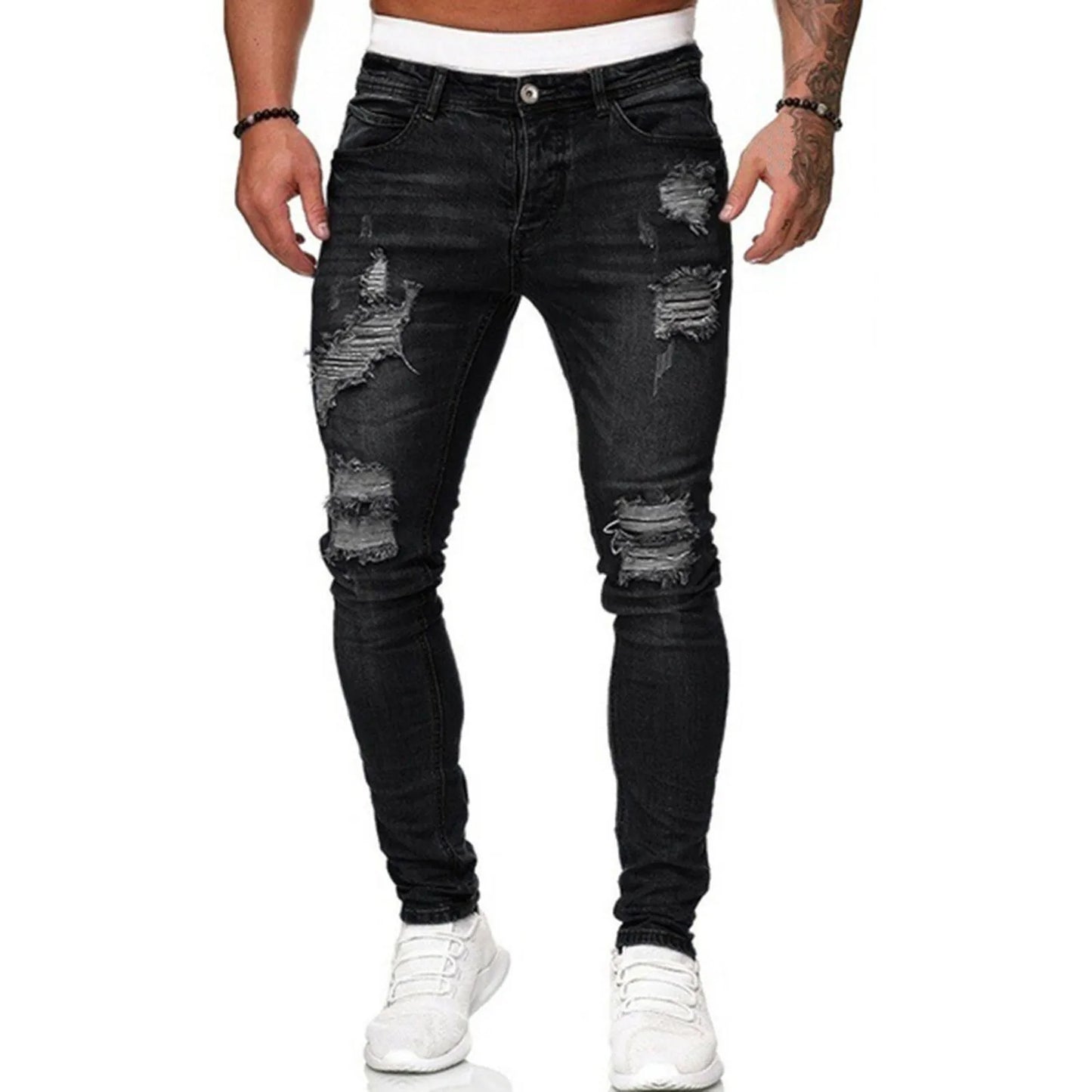 Retro Grey Stretch Slim Ripped Denim Pant Men's Fashion Streetwear Elastic Long Trousers Vintage Casual Denim Pencil Pants