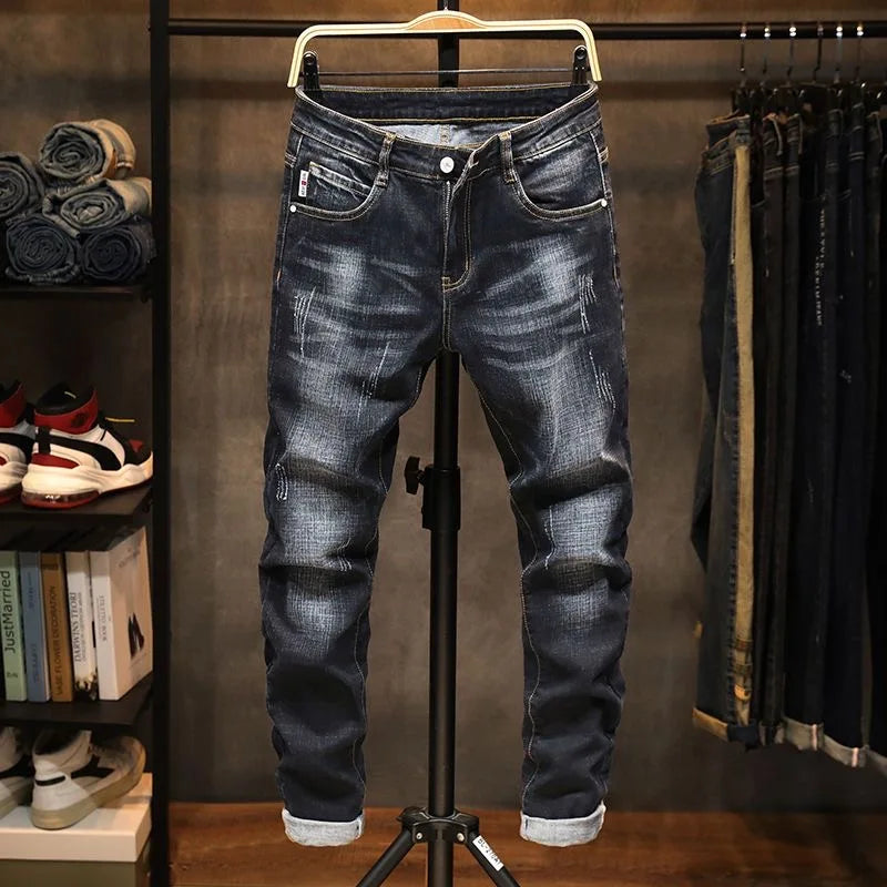 2023 Spring and Autumn New Classic Fashion Solid Color Elastic Small Foot Pants Men's Casual Slim Comfortable High-Quality Jeans