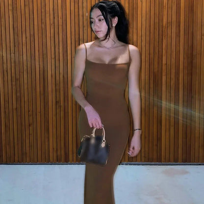 Y2K Sexy Maxi Dress for Women 2024 Autumn Backless Slim Party Dress Pullover Concise платье Female Long Bodycon Brown Vestidos