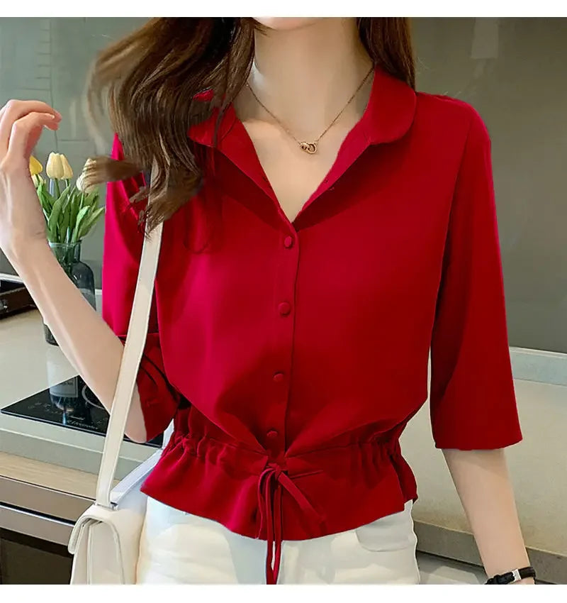 Summer Women All-match Solid Turn-down Collar Half Sleeve Chiffon Shirt Fashion Casual Shirring Single-breasted Blouses Female