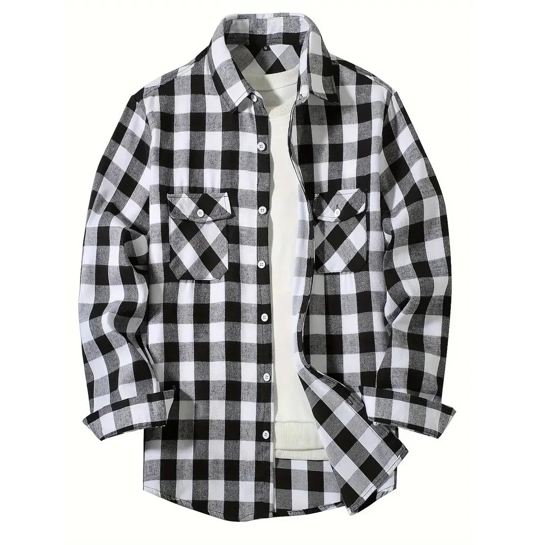 Mens Shirts Single Breaste Classic Plaid Smart Casual Flannel Shirt Long Sleeved Chest Two Pockets Design Spring Autumn Men Tops