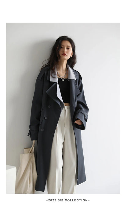 CHIC VEN Women Trench Coat Solid Loose Contrast Double Collar Double Breasted Long Women's Windbreaker Office Lady Spring Autumn