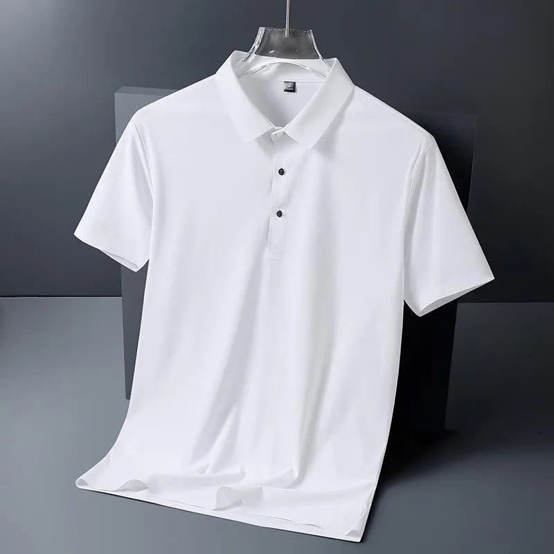 Golf Solid Ice Silk Traceless Silk Loose Polo Shirt Short Sleeve T-shirt Men's Elastic Ironless Thin Polo Neck Light Luxury