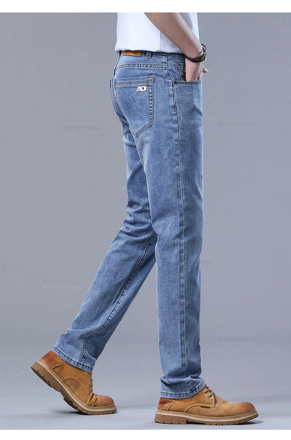 Spring Men's Light Blue Slim Jeans Stylish Casual Stretch Fabric Denim Pants Classic Trousers Smoke Gray