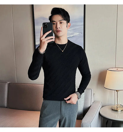 2025 Stretchable Jacquard Woven Winter Crew Neck Sweater Men's Slim Fit Pullover Knitwear Blue, Fashionable Check Pattern