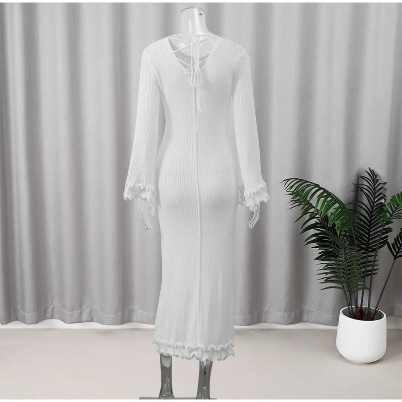 Elegant Women's Ruffles Hem Flare Sleeve Knitted Long Dress Chic Backless Lace Up Round Neck Vestido New Female Vacation Robes