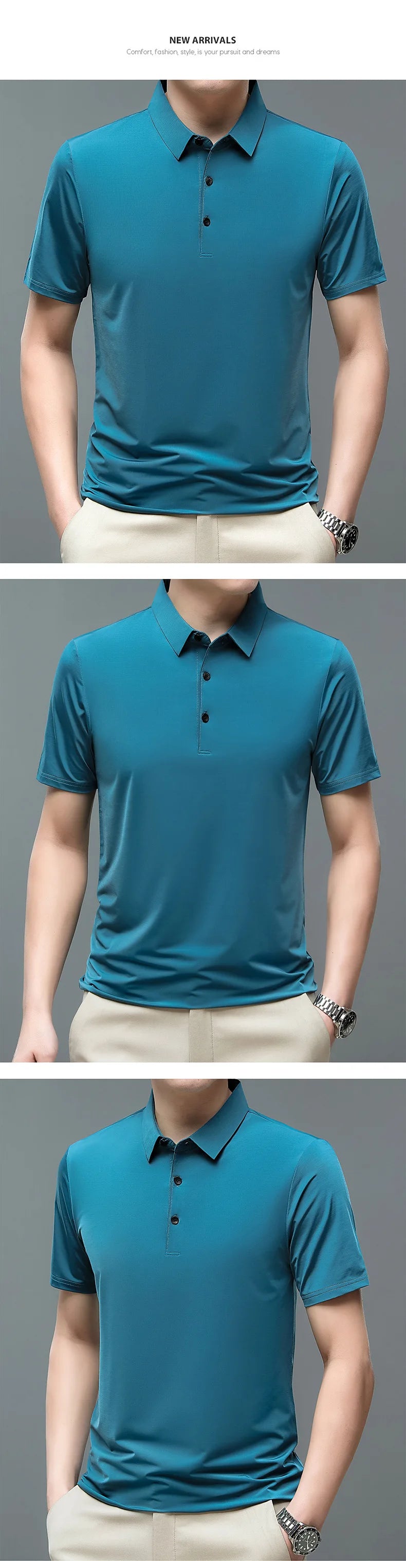 2023 Summer New Fashion Men's Solid Color Short-sleeved T-shirt Ice Silk Breathable Men's Business Casual Polo Shirt