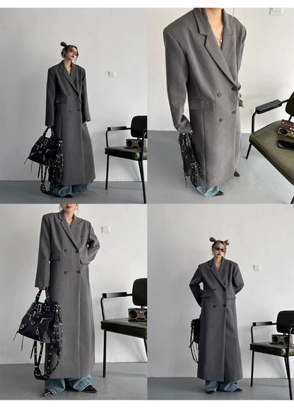 Lautaro Spring Autumn Long Grey Black Trench Coat for Women Double Breasted Loose Casual Korean Fashion Clothing Blazer 2025