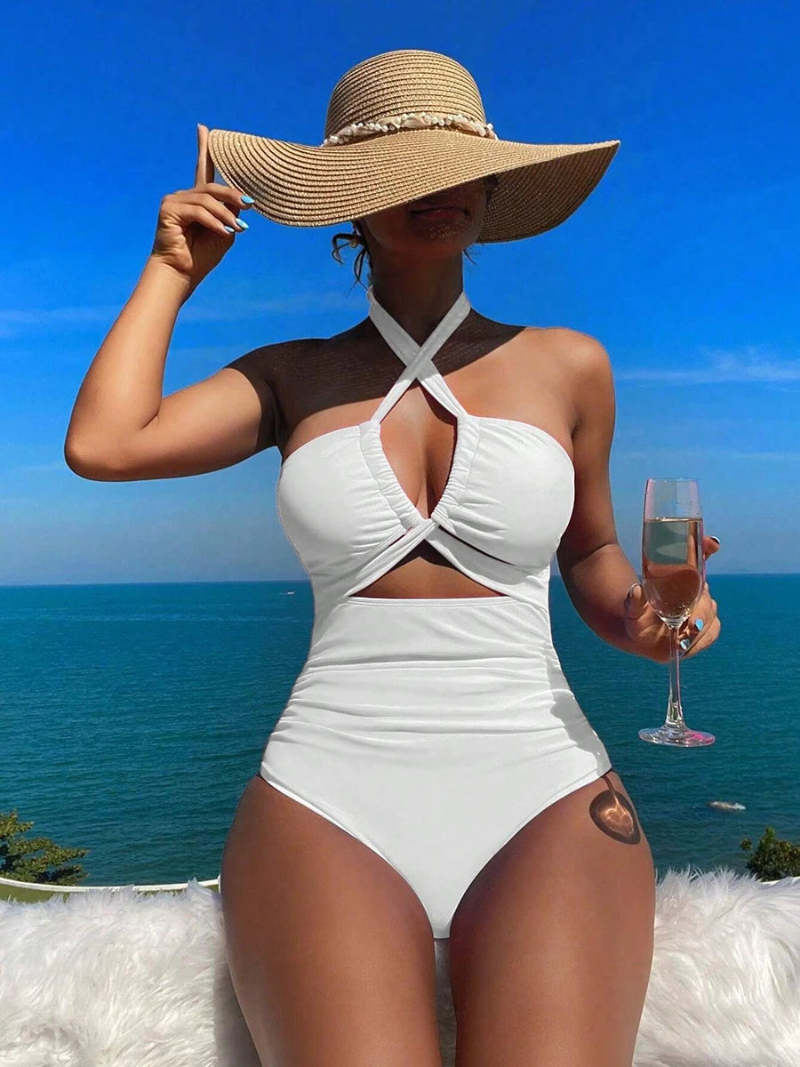 Drawstring One-piece Women Swimsuit 2025 Swimwear Female High Waisted Bikini Bandeau Halter Bathing Suit Swimming for Monokini