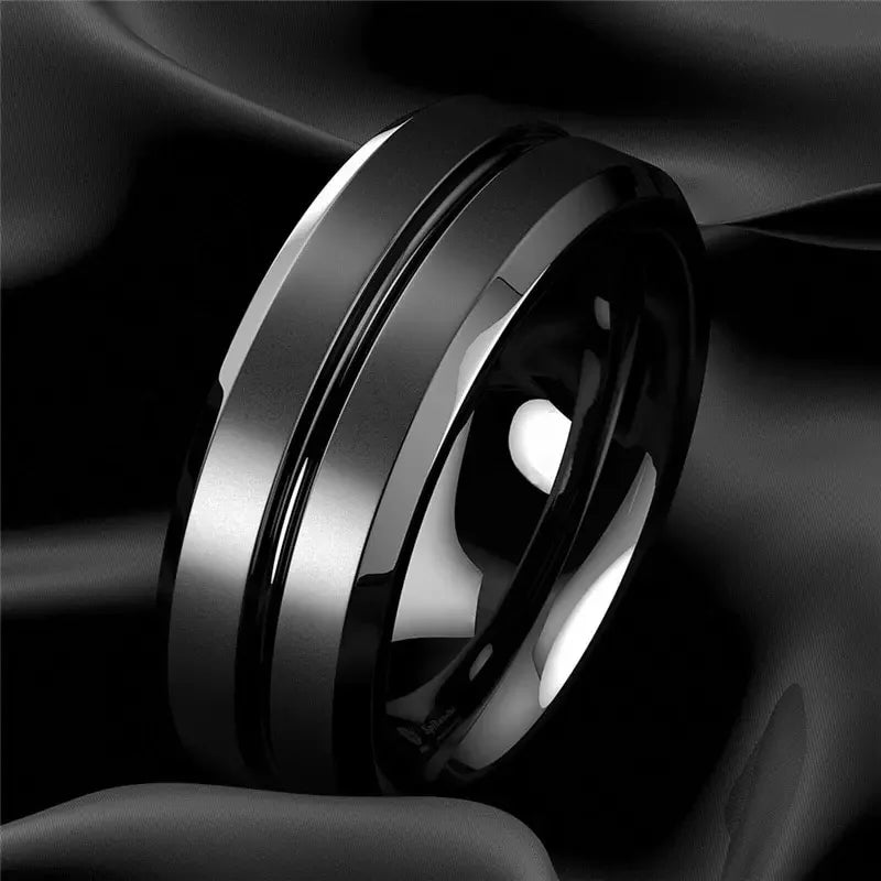 8mm Stainless Steel Men Rings Wholesale Black Groove Matte Wedding Engagement Party Gift Anniversary Rings For Women Jewelry