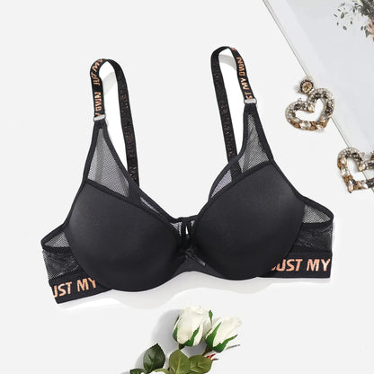 BEAUWEAR Thick Pad Push Up Bra with wire for Small Chest Women Letter Print Mesh Underwear Breathable 75B 80B 85B 90B