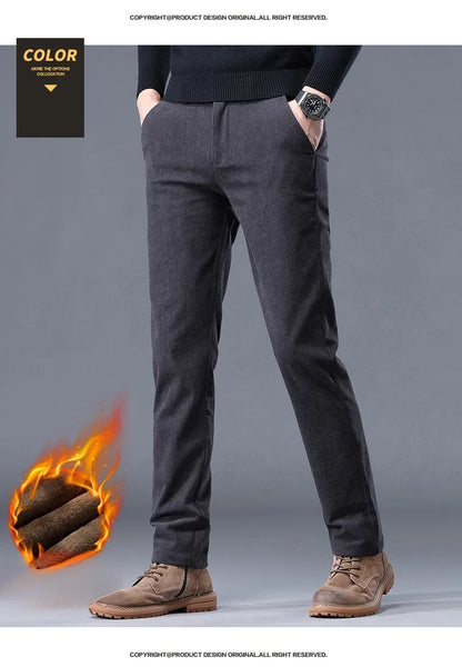 Fleece Men's Corduroy Casual Pants Chenille Stretch Solid Color Business Trousers Thickened Warm Winter Thermal Male Clothing