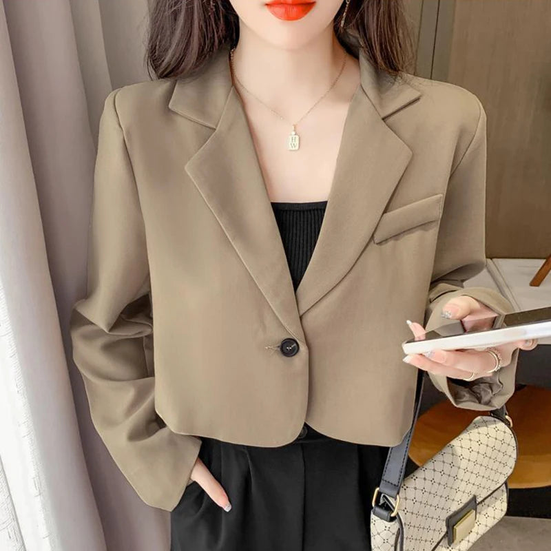 Cropped Blazers for Women 2025 New Korean Fashion Long Sleeve Button Up Suit Jacket Woman Elegant All Match Office Blazer Female