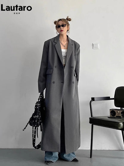 Lautaro Spring Autumn Long Grey Black Trench Coat for Women Double Breasted Loose Casual Korean Fashion Clothing Blazer 2025