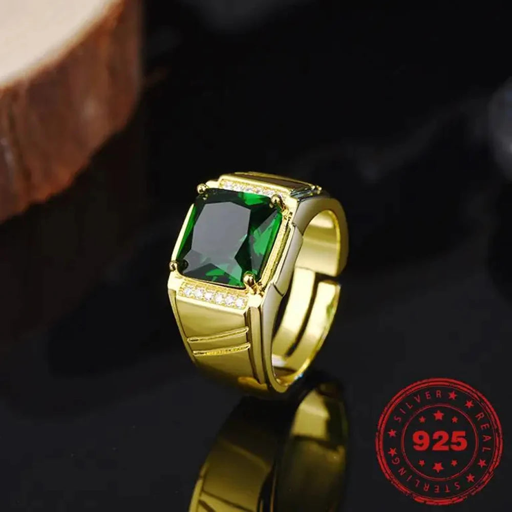 HOYON four-claw emerald domineering 14K gold color men's ring fashion square diamond emerald style ring for gift