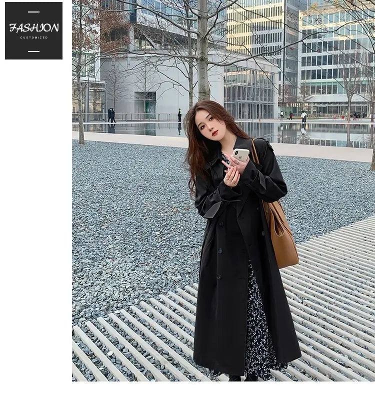 Streetwear Loose Trench Coat Midi Length Fashion Korean Elegant Khaki Black Women's Windbreaker Coat Casual Double Breasted Tops