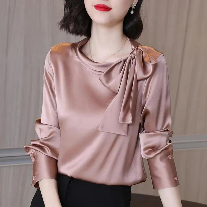 Summer Autumn Office Lady Satin Solid Elegant Fashion Bow Shirt Women Long Sleeve Temperament Bottoming Blusa All-match Blouse