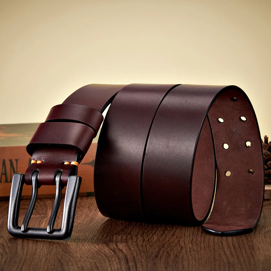 4.3cm Wide Thick Real Cowskin Genuine Leather Belt For Men High Quality Casual Male Belt Double Pin Buckle Cowboy Business Strap