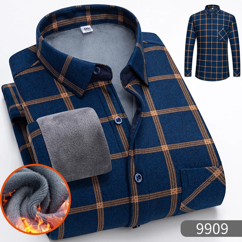 Autumn Winter Thicken Fleece Shirt Men Business Plaid Shirt Long Sleeve Warm Clothes Turn Down Collar Button Up Shirts Classic