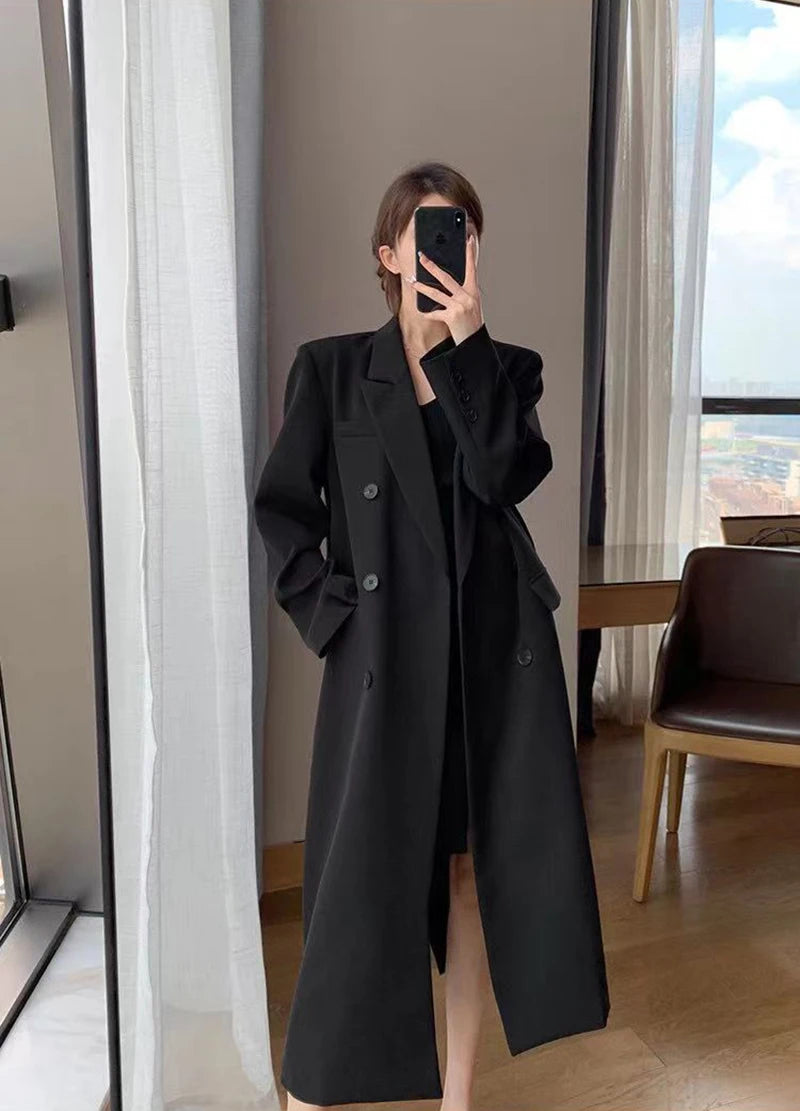 Long Trench Coat Women Office Lady Elegant Double Breasted Blazer Jacket Streetwear Overcoats Korean Harajuku Casual Windbreaker