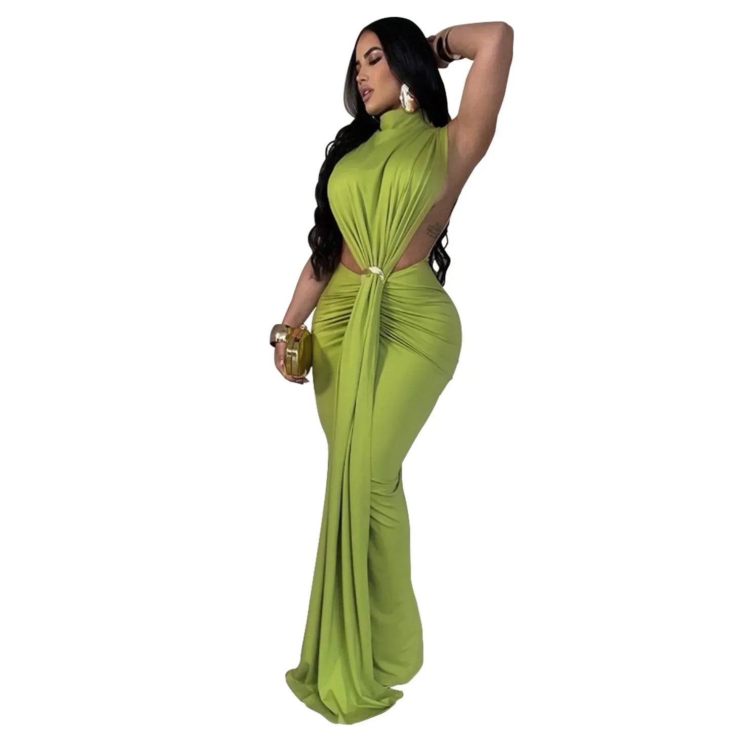 XIZOU Women O-neck High Split Ruched Stacked Bodycon Midi Maxi Dress 2024 Evening Party Club Vestidos Sexy Chic Long Dresses