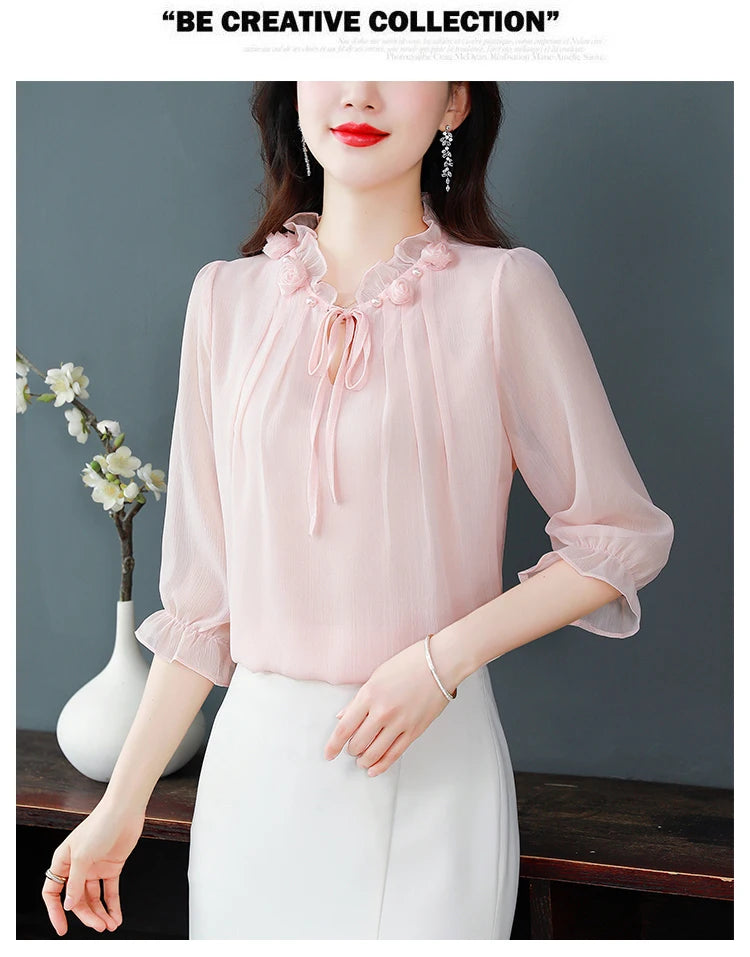 M-4XL Spring Summer Women Tops 2025 New Fashion Chiffon Blouse Petal Collar Half Sleeve Bow tie Loose Casual Shirt