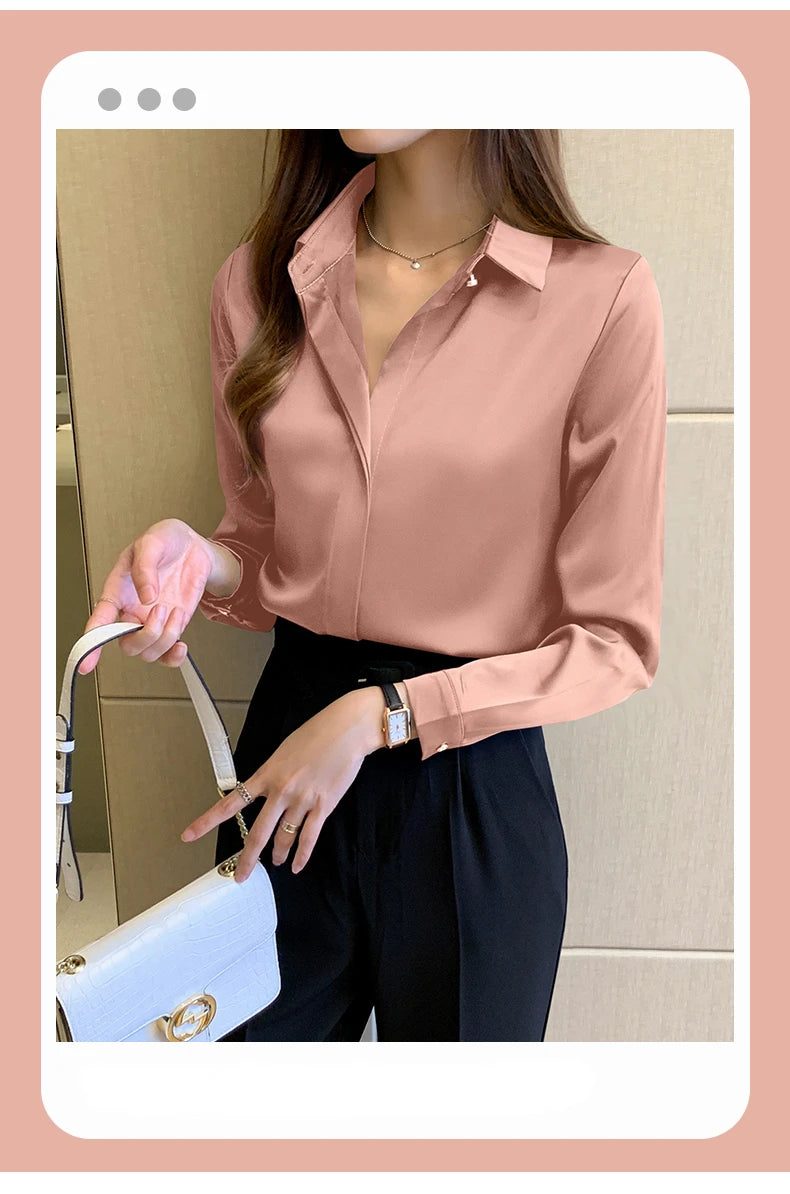 Satin Women Shirt Vintage Long Sleeve Blouse Women Silk Elegant Womens Tops Commuting Luxury White Shirt Autumn Female Clothing