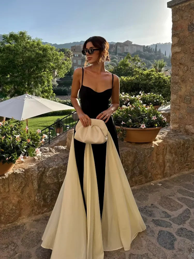 Fashion Contrast Women's V-neck Sling Long Dress For Women Elegant Pleated Backless Sleveless Maxi Dresses Lady Evening Vestidos