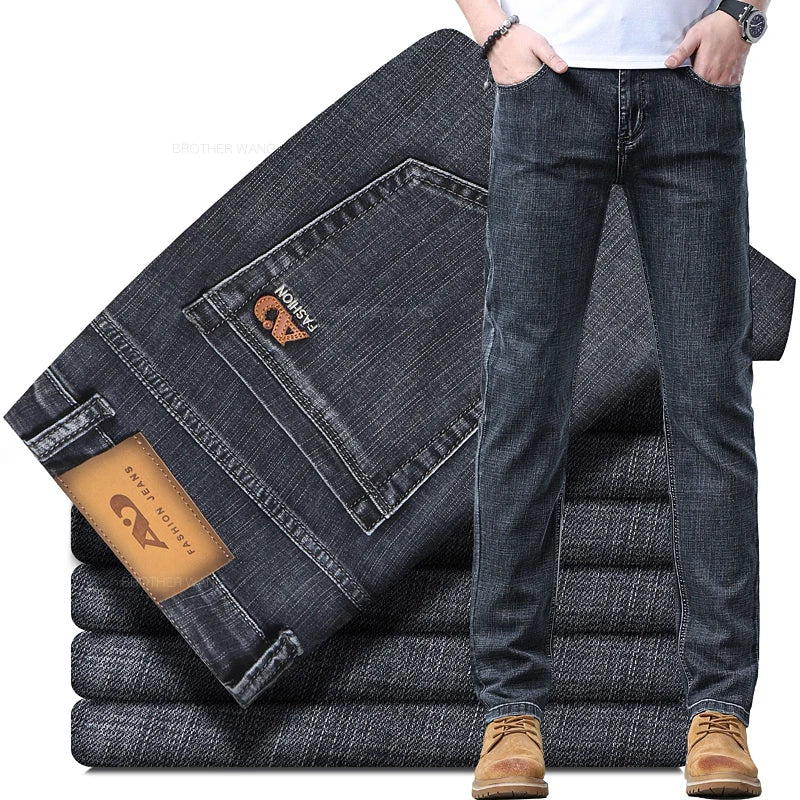 Spring Men's Light Blue Slim Jeans Stylish Casual Stretch Fabric Denim Pants Classic Trousers Smoke Gray