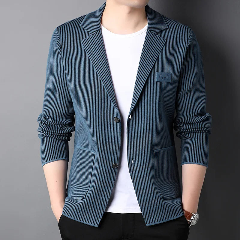 Top Grade New Brand Fashion Slim Fit Blazer Jacket Smart Elegant Stylish Knitted Suit Striped Men Coat Casual Mens Clothes 2025