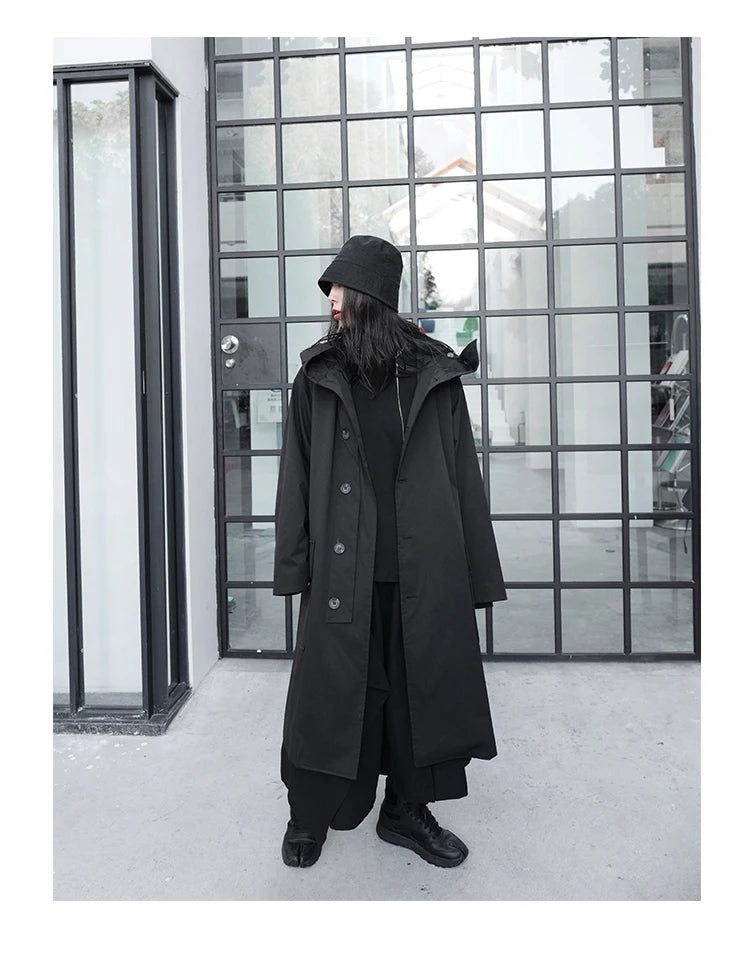 Lautaro Spring Autumn Long Oversized Black Trench Coat with Hood  Dark Academia Aesthetic Luxury Designer Clothes for Women 2022